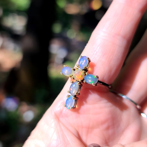 6k Opal sterling rhodium & gold cross ring sz8.5 - Picture 3 of 5